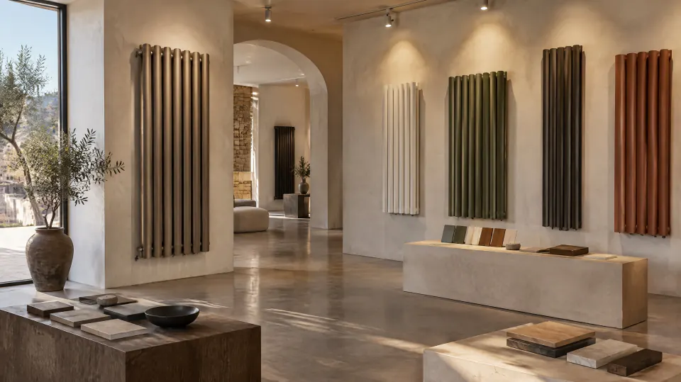 Showroom con radiatori di colori diversi su pareti in intonaco